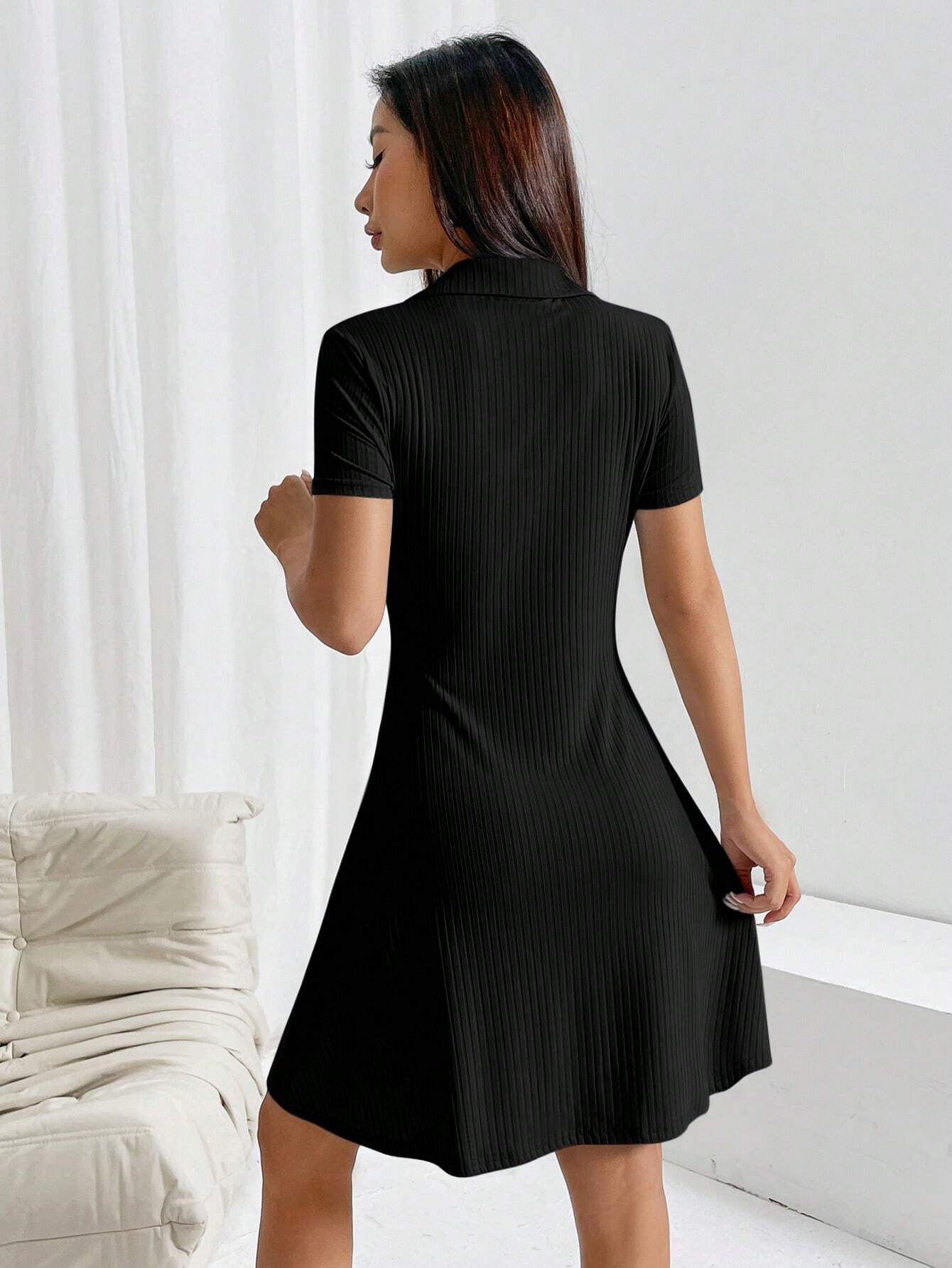 Elegant Ribbed Polo Collar Dress with Short Sleeves