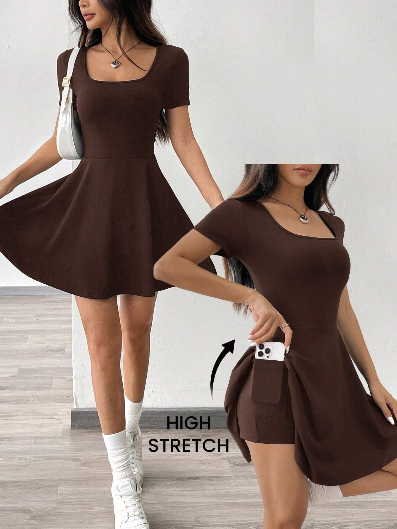 Chocolate Brown Ribbed Knit Short Casual Dress