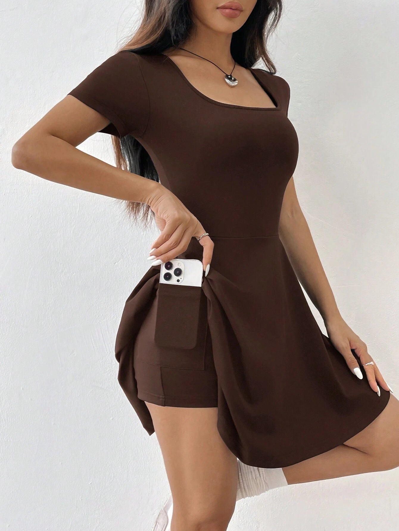 Chocolate Brown Ribbed Knit Short Casual Dress