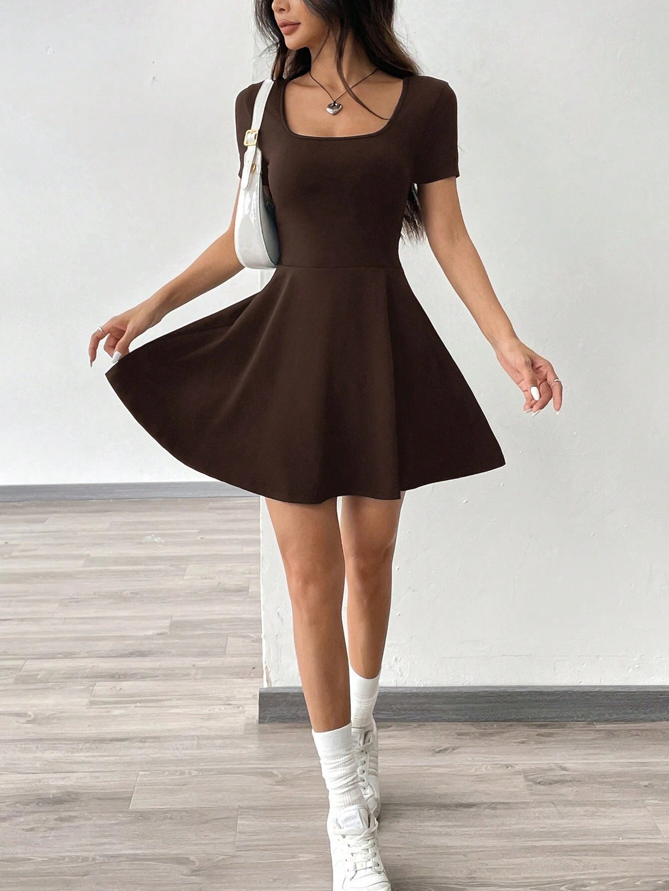 Chocolate Brown Ribbed Knit Short Casual Dress