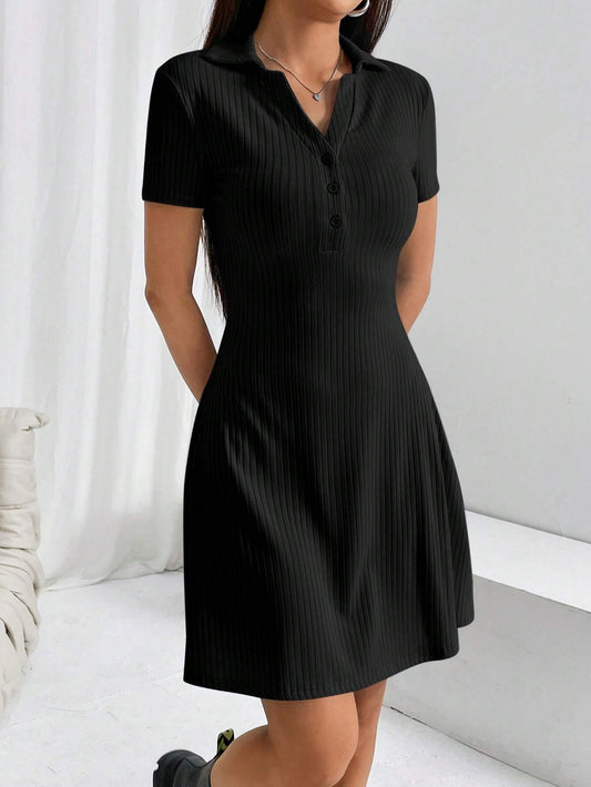 Elegant Ribbed Polo Collar Dress with Short Sleeves