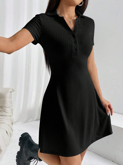 Elegant Ribbed Polo Collar Dress with Short Sleeves